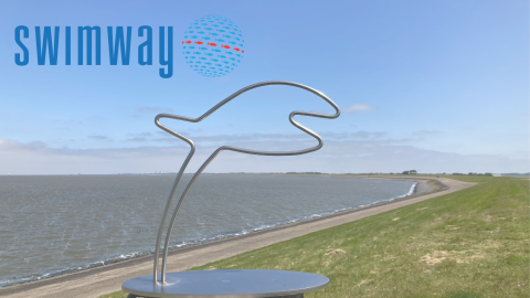 Sculpture of fish outline in front of dikeline. Waddenacademie.